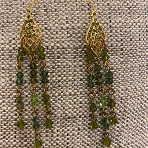 Earrings, Chandelier, Gold with Green Crystals - Costume Jewelry